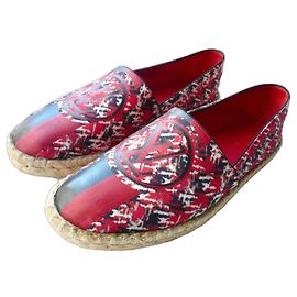 LOUIS VUITTON Espadrilles cuir rouge et noir logo T38 tbe Red