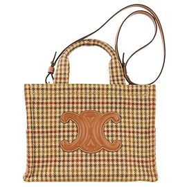 Céline Borsa a Spalla Celine Triomphe Logo Small Cabas Thais in Tweed Marrone Beige