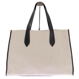 Massimo Dutti Leinen Tote Bag Beige mit Schwarzer Lederborte Beige