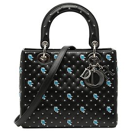 Dior Noir Moyen Cuir de Veau Fleurs Brodées Lady Dior Noir