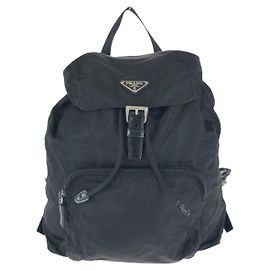 Prada Nylon Leather Tessuto Logo Backpack Black