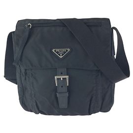 Bolso de Hombro Prada de Nylon y Cuero con Logo Triangular Tessuto Negro