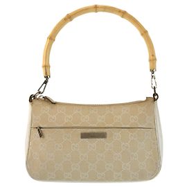 Gucci Bamboo GG Canvas Leather Handbag Brown Beige