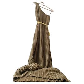Massimo Dutti Robe midi plissée asymétrique dorée Beige Doré Kaki Métallisé Vert olive Bronze Chataigne