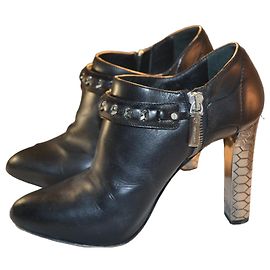 Roberto Cavalli black leather ankle boots with silver heel Black