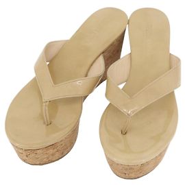 Jimmy Choo Cork Wedge Sandals Patent leather Beige Auth 174633A Beige