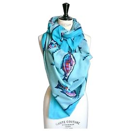 Hermès HERMES Fish Pareo Cotton GOOD CONDITION Blue