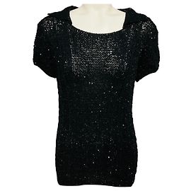 Pull en maille noir à micro paillettes courtes à manches de Oscar de la Renta Noir