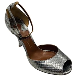 Chloé Chloe Silver Metallic Python Skin Leather Ankle Strap Sandals Silvery