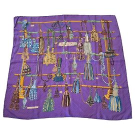Hermès Lenço de seda com franjas Multicor Roxo