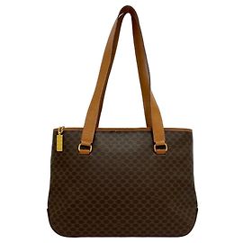 Céline Celine Vintage Macadam Blazon Logo Pattern Leather Tote Bag Brown