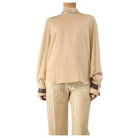 Brunello Cucinelli Neutral silk blouse and Herringbone trouser set - size UK 10 Other