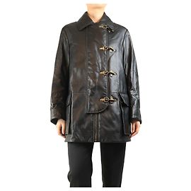 Loewe Black leather fireman clasp coat - size UK 8 Black