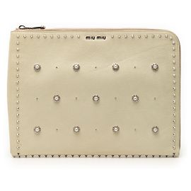 Clutch de couro branco com pérolas falsas Miu Miu Branco Cru