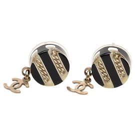 Chanel Coco Mark Chain Border Earrings Black Golden
