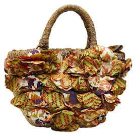 Bolsa de ráfia com placa de logotipo triangular Prada Multicor