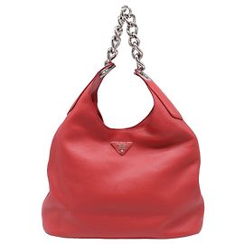 Prada Pebbled Daino Chain Medium Hobo Bag in Red Leather Red Dark red