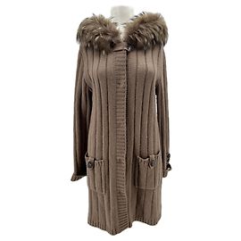 Max & Moi Casaco de cashmere com capuz de pele marrom Marrom