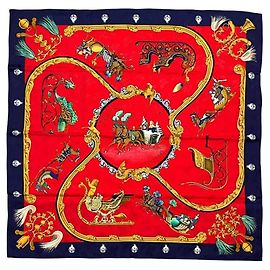 Sciarpa Hermès Carre 90 in seta rossa e blu navy Rosso Blu navy