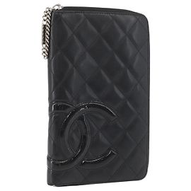 CHANEL Cartera Línea Cambon Cuero Negro Plata CC Auth 163865 Negro Plata