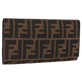 FENDI Zucca Canvas Long Wallet Black Brown Auth am11283A Brown Black