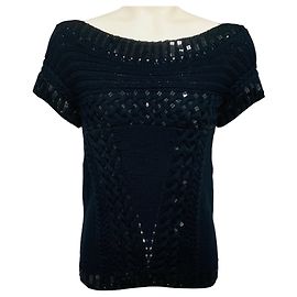 Pull en coton tricoté à manches courtes orné de sequins bleu marine / noir d'Oscar de la Renta Bleu Marine
