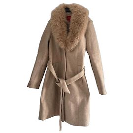 Guess Beige Polyester Coat with Removable Fur Beige