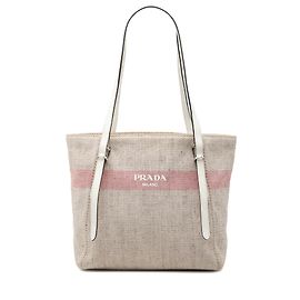 Bolsa tote de lona bege com listras e logo Prada Bege