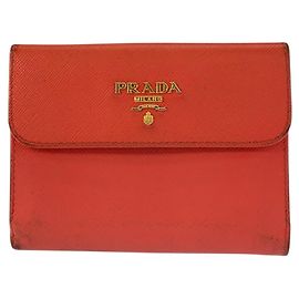 Prada Leather Logo Orange Gold Hardware Compact Wallet Orange