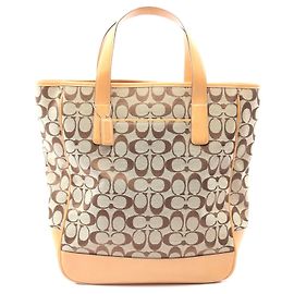 Bolsa Tote em Lona e Couro Coach Signature Marrom Bege