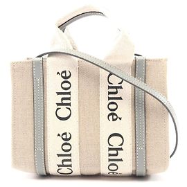Chloé Bolsa de ombro mini Woody em lona e couro da Chloe Marrom Bege