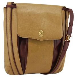 Bolsa de Ombro Cartier em Couro Bege Dourado Auth hk3586 Bege Dourado