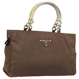 PRADA Bolso de mano con cadena de nailon marrón dorado Auth YKZ136 Castaño Dorado
