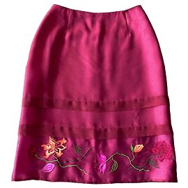 Falda recta de organza de seda bordada Kenzo Jungle T.34-36 Rosa Roja Verde Burdeos Amarillo