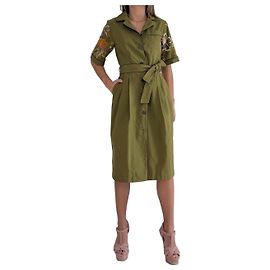 Robe chemise Dries Van Noten kaki brodée fleurs Kaki