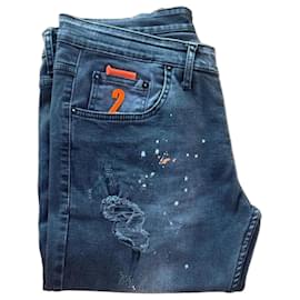 Calça Dsquared2 cinza desbotada com respingos de tinta e patch Multicor Cinza