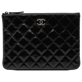Chanel Black Small Quilted Crinkled Patent O Case Clutch Black