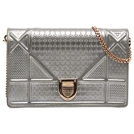 Dior Silver Metallic Patent Microcannage Diorama Wallet on Chain Silvery