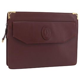 CARTIER Borsa Clutch Must Line Pelle Bordeaux Oro Auth 174676A D'oro Bordò