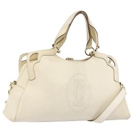 CARTIER Hand Bag Leather 2way Ivory Gold Auth bs34377 Golden Cream
