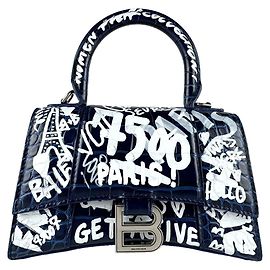 Bolsa Balenciaga Hourglass XS em couro estampado Branco Azul marinho