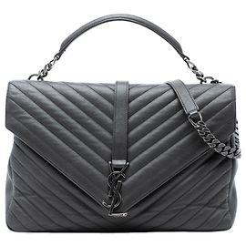 Bolsa de faculdade grande em pele de ovelha cinza Chevron Monogram da Saint Laurent Marrom Cinza antracite