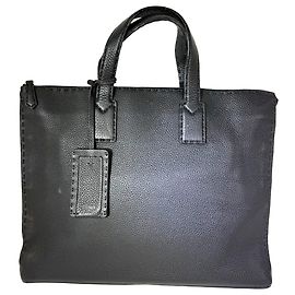 Fendi Cuoio Romano Selleria Black Leather Briefcase Attache Bag Black