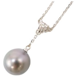 Tasaki Au750 Weißgold Schwarzperlen-Diamant-Halskette Silber Metallisch
