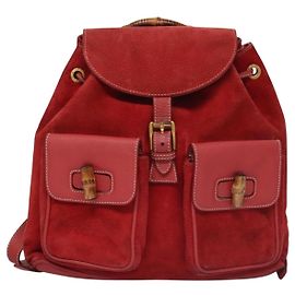 Gucci Vintage Bamboo Backpack Suede and Leather Red