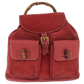 Gucci Vintage Bamboo Backpack Suede and Leather Red