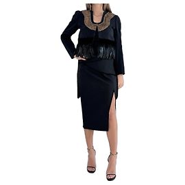 Giacca Dries Van Noten con Pieghe Dorate e Piume Nero D'oro Blu navy