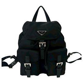 Mochila de nylon tessuto com hardware de logo triangular Prada em couro Saffiano Preto