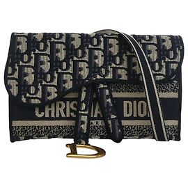 Dior Blue Oblique Canvas Embroidered Saddle Slim Belt Pouch Blue