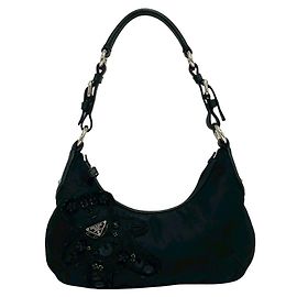 Borsa a spalla in tessuto nero con perline Prada Bear per la sera Nero